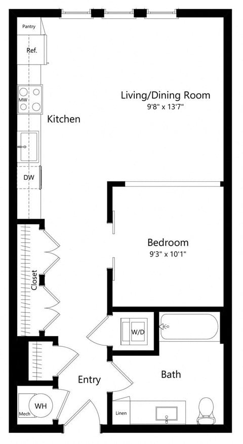 Floor plan for studio, 1 bath, 645 sqft